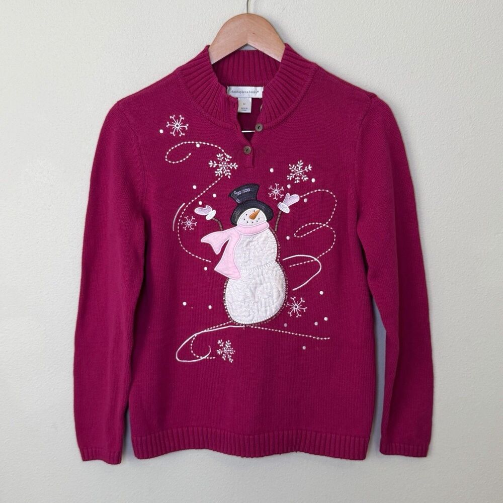 Christopher & Banks Pink Snowman Knit Sweater Womens M Holiday Festive Sequins
